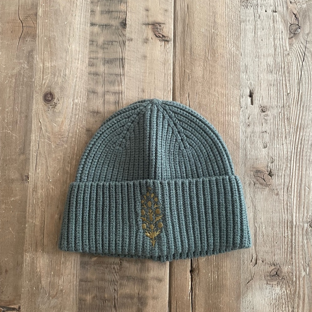 NWT: Free People Green Knit Beanie with Embroidered Detail